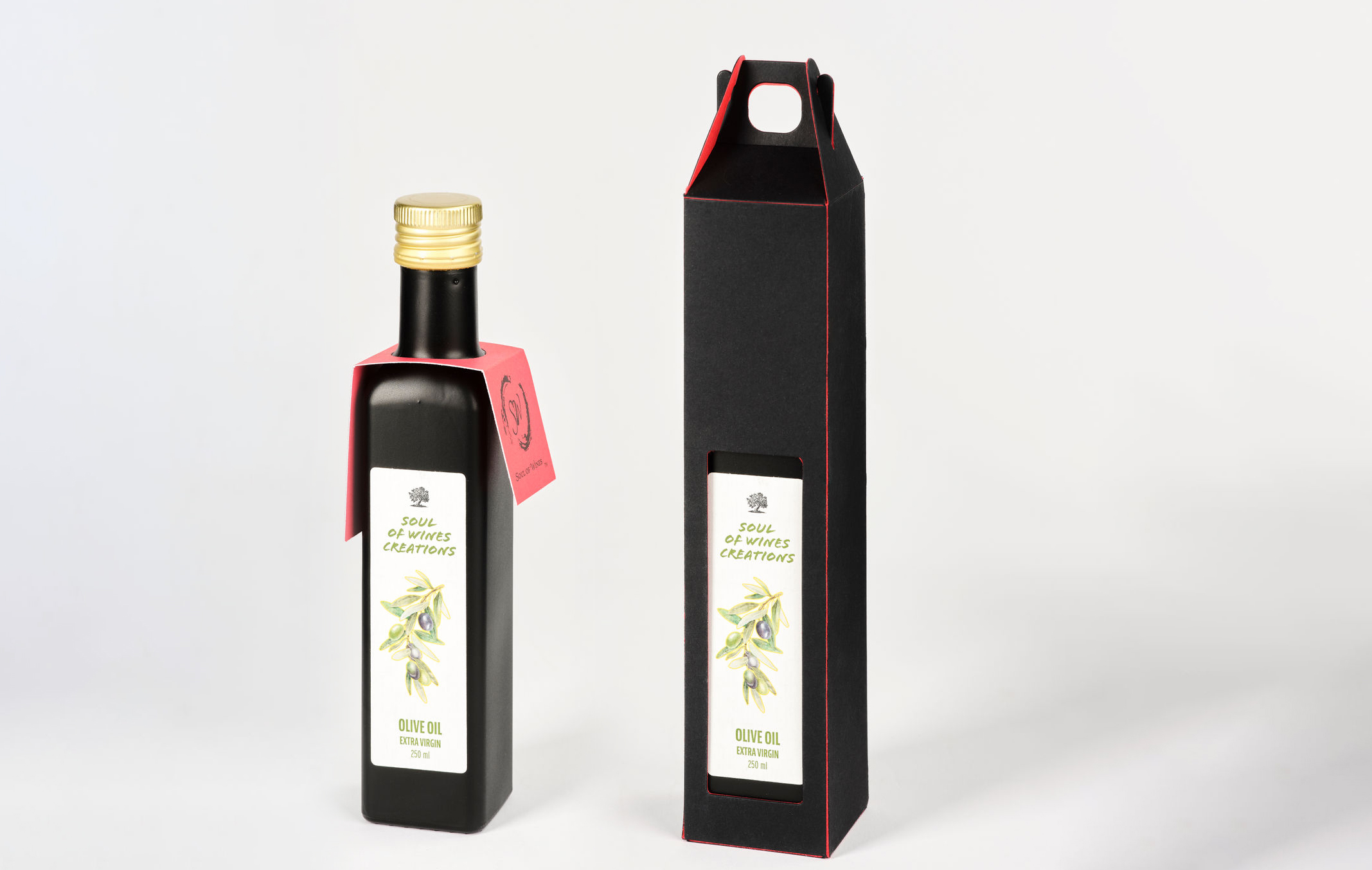 Olivenöl Verpackung mit rotem Akzentsreifen
